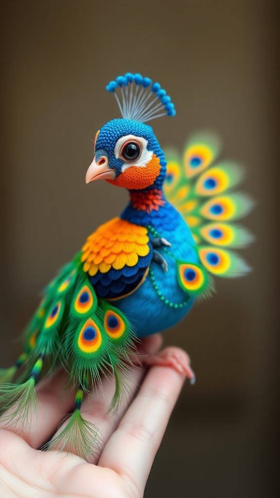 A small tiny cute chubby big eyes big perfect tail real colorful dancing peacock with tail on hand