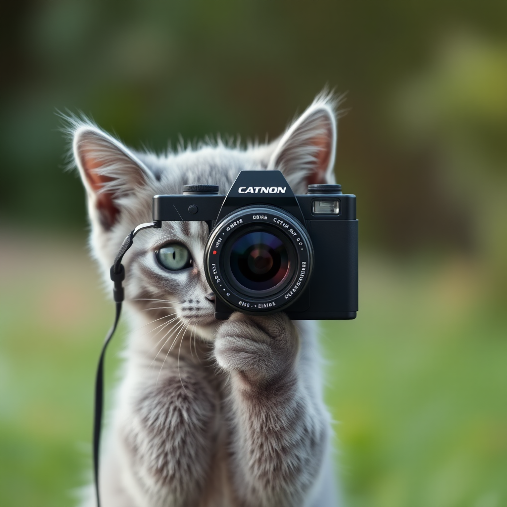 A gray kitten is taking pictures with a camera named Catnon.