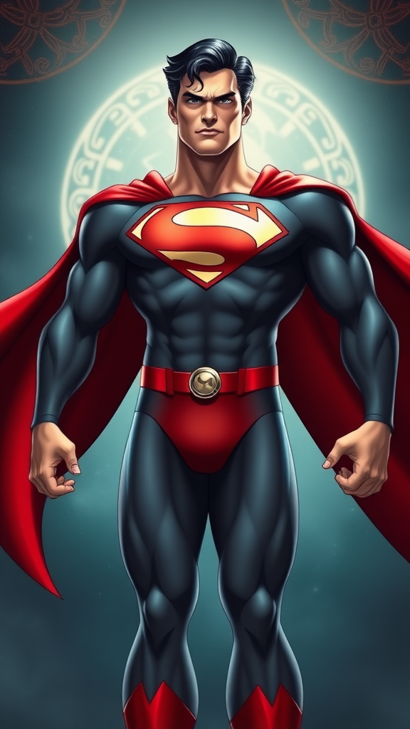 Create a full-length image of Superman, featuring the musculature of Jessica Rabbit and adjusting the body's silhouette to match her curves. Retain Superman's head, hairstyle, and facial features. Add embellishments to his classic costume, altering it to fit the new proportions. Design a background that blends elements from both characters, showcasing iconic attributes that reflect their universes while maintaining harmony and balance in the composition.