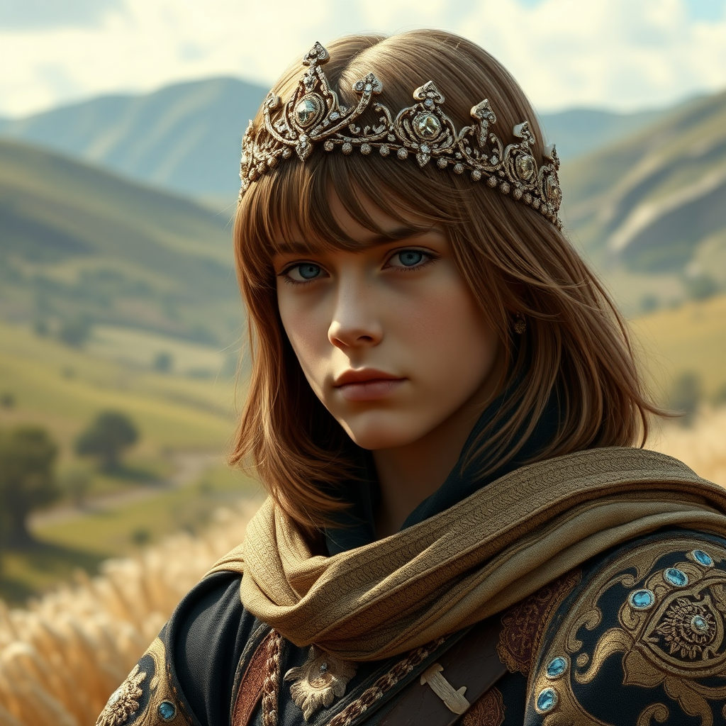 16yo teen boy prince, long bob cut, embroidered with gold and diamonds medieval cloths, diamond diadem, and Beautiful War. Free style by FLUX photorealistic. The background is in the style of landscape style by Antonio del Polaiolo, ultra high resolution, 16K,