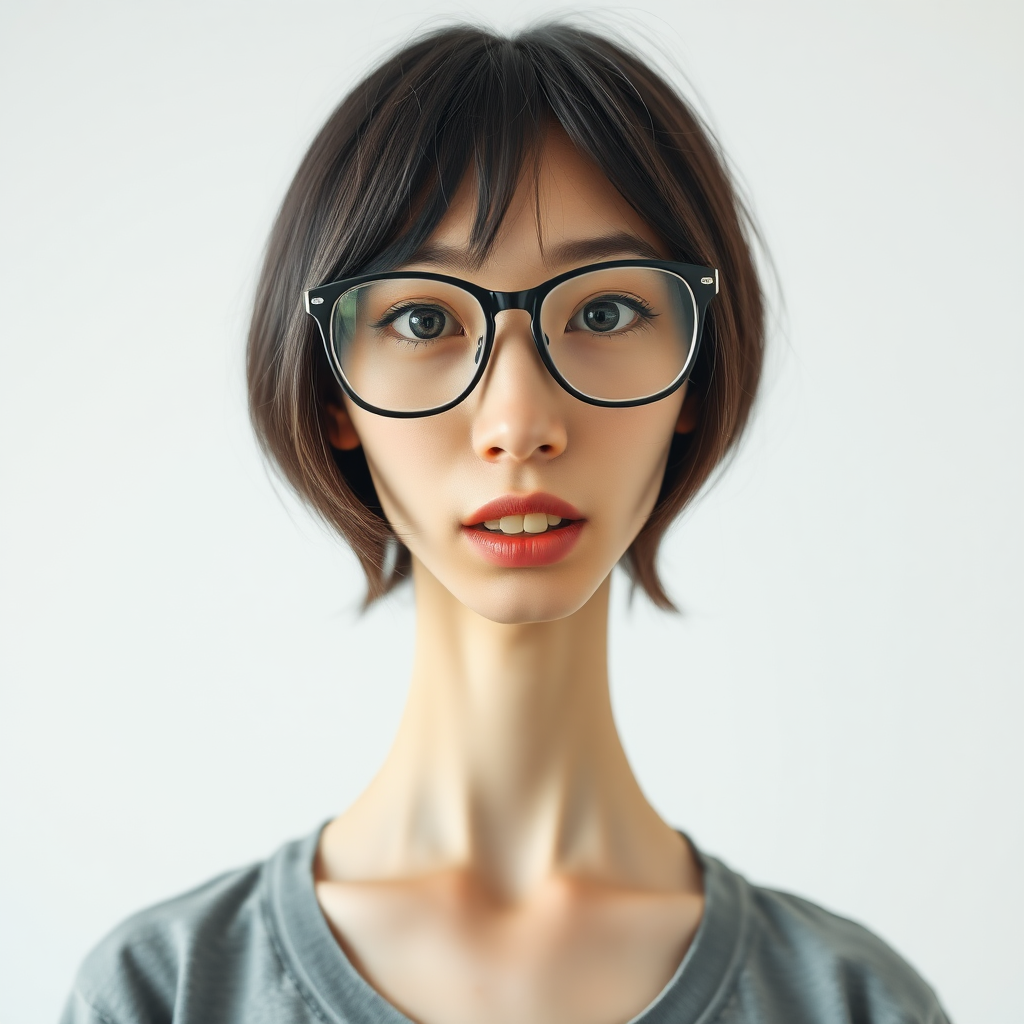 real casual photo, japanese nerdy skinny adult woman with big nose, big mouth, big yellowish teeth, moles, big eyeglasses and medium hair, serious expression