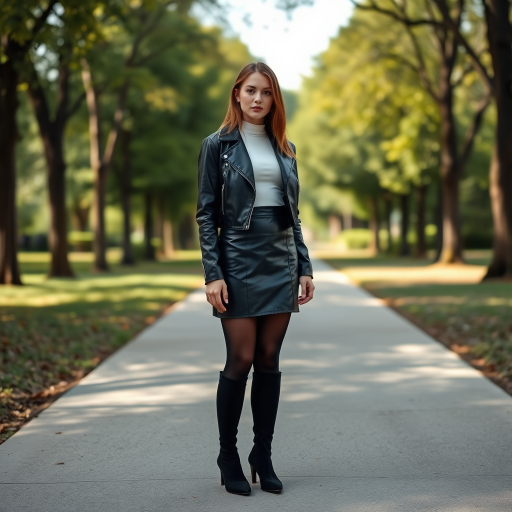 Ultra High Resolution Photo of a young woman with neck-length hair, wearing a white fitted top, a black leather cropped jacket, a black leather mini skirt, black sheer tights, and black knee-high suede boots with slight heels. The full-body shot from head to toe is set against a park background, with trees and greenery framing the scene. She's standing on a concrete sideway. The natural lighting creates a soft, balanced atmosphere, highlighting the textures of her leather outfit while keeping the park scenery subtly blurred in the background. The image is captured with a Sony A7R IV using a 50mm lens, ISO 200, shutter speed 1/1000, and a shallow depth of field to focus on her stylish, modern look. The contrast between her sleek leather outfit and the park’s greenery provides a visually striking composition.