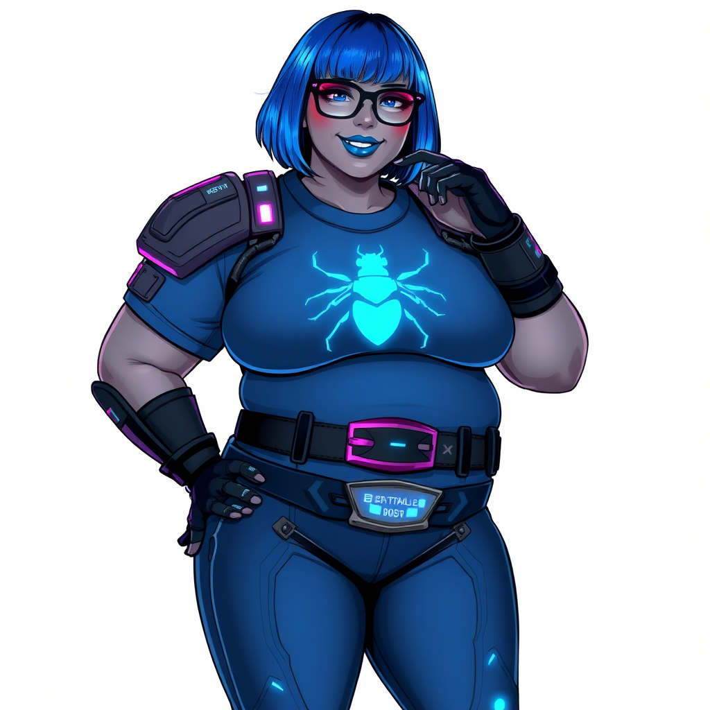 A 28-year-old, full-figured, Middle Gray skinned, computer program hybrid with a maximum blue bob cut. She has a non-athletic, full-figured build, highlighted by a prominent, round, large midsection (with heavy emphasis on her large belly). As the full-figured, nerdy, digital sidekick to her cyberpunk vigilante boyfriend, her metallic middle gray skin and maximum blue lipstick emphasize her digital nature. She wears a digital, computerized costume, consisting of a huge, tight-fitting, maximum blue t-shirt with a neon blue glowing chest icon of a beetle, hi-tech shoulder pads with neon blue glowing accents, a black hi-tech belt with a digital neon blue glowing buckle, digital maximum blue pants with neon blue accents, and black hi-tech gloves with neon blue glowing accents. Her bright blue eyes, black eyeglasses with neon blue glowing lenses with a built-in HUD, and shy smile with neon red blush accentuate her nerdiness. She stands bashfully with one hand behind her back and the other hand gently touching her cheek, her costume covering all her skin and emphasizing her full-figured physique (especially her belly). She is clearly non-athletic, with a heavy focus on her large belly. Despite her build, she radiates beauty. She has a slim face compared to her physique, accentuating her radiant beauty. She is on a solid white background. She is drawn as if she were in a retro 2D cyberpunk fighting game.