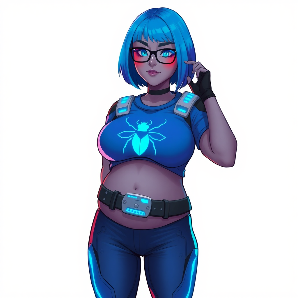 A 28-year-old, full-figured, middle gray skinned computer program hybrid with a maximum blue bob cut. She has a non-athletic build, highlighted by a prominent, round, large midsection (with emphasis on her belly), which shows the aftermath of her pampering. As the heavily pampered digital sidekick to her cyberpunk vigilante boyfriend, her middle gray metallic skin and maximum blue lipstick emphasize her digital nature. She wears a digital, computerized costume inspired by DC’s Carrie Kelly Robin, consisting of a huge, tight-fitting, maximum blue t-shirt with a neon blue glowing chest icon of a beetle, hi-tech shoulder pads with neon blue accents, a black hi-tech belt with a digital neon blue glowing buckle, digital maximum blue biker pants with neon blue accents, and black hi-tech fingerless biker gloves with neon blue glowing accents. Her neon blue glowing eyes, black eyeglasses with a neon blue glowing HUD built into the lenses, and shy smile with neon red blush accentuate her nerdiness. She stands bashfully with one hand behind her back and the other hand gently touching her cheek, her costume covering all her skin and emphasizing her full-figured physique (especially her belly). She is clearly non-athletic, with a focus on her full-figured physique. Despite her build, she radiates beauty. She has a slim face compared to her physique, accentuating her radiant beauty. She is on a solid white background. She is drawn as if she were in a retro 2D cyberpunk fighting game.