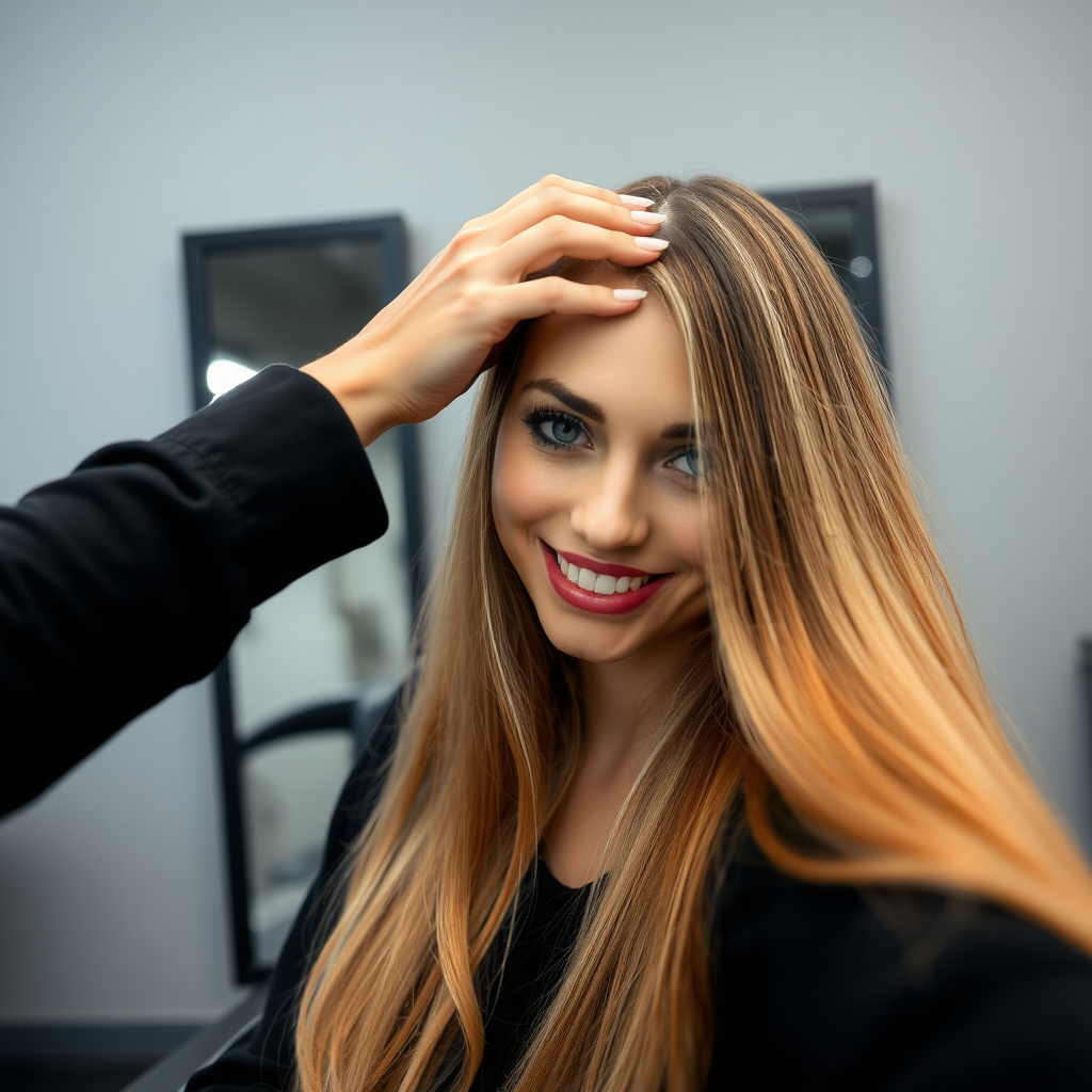 POV, beautiful very long haired blonde woman sitting in a hair salon smiling at the camera while I reach out from behind the camera to massage her scalp. My fingers are digging into her hair rubbing her scalp while her hair is covering my hands. 
Plain gray background.