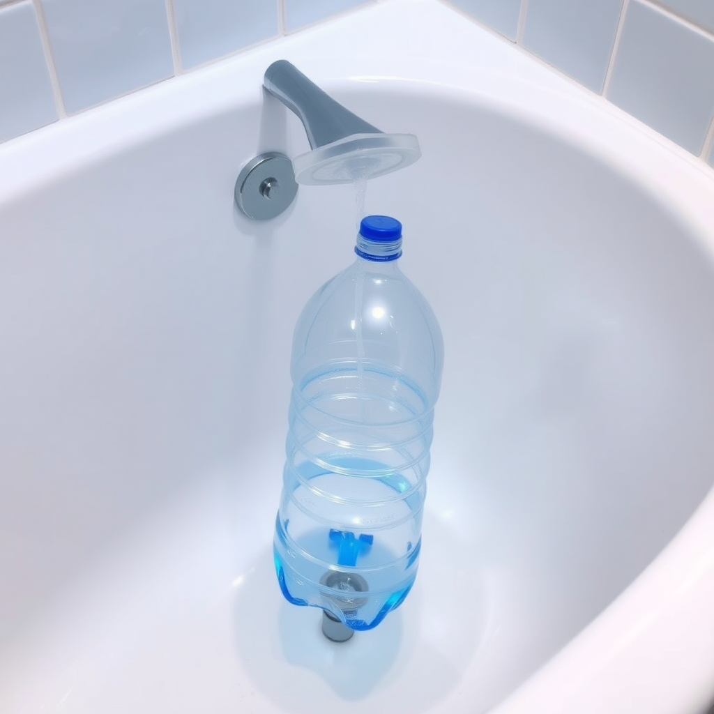 A bathtub in which the shower head is a plastic water bottle.