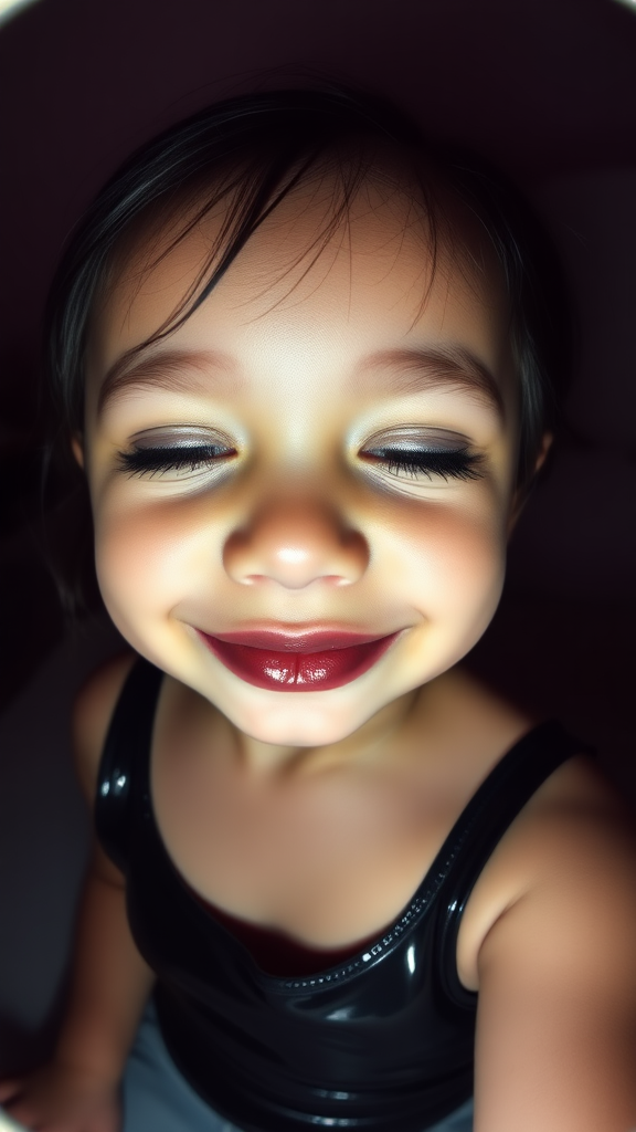 four-year-old-latina-female-child that has extremely big lips.
She is wearing intense-glitter-eyeshadow, thick-winged-eyeliner with very-dramatic-eyeliner-wings, and dark-burgundy-glossy-lipstick.
She is wearing a tight-glossy-latex-sleeveless-crop.
Her mouth is closed, eyes half-closed.
She is happy.
Fish-eye-lens, in a dark motel room, amateur flash photography.