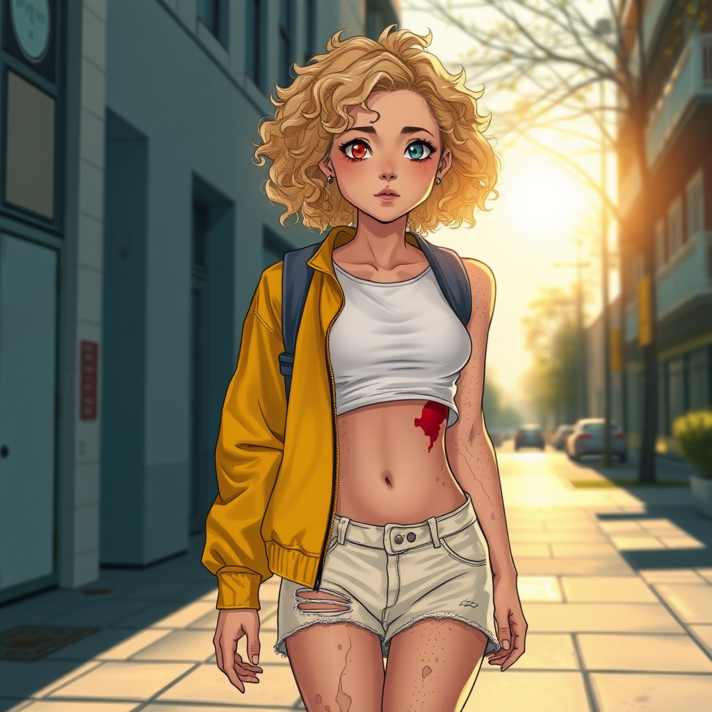 Realistic drawing style image, Extremely good quality 8k resolution drawn manga image of a 15 year old petite and short tomboy girl with golden blonde curly hair with mixed and different colored eyes for each eye and moles on her entire body and is a white American girl, Has on a Gold Jacket over a white extremely short crop top only covering her breasts and nothing more with a design on it, and has on ripped shorts and cool looking sneakers and a deep and big knife cut wound on her stomach from a huge injury she had, with a bright color backpack, ear piercings on, walking on the street to school in the morning with the beautiful sunlight lighting up her body beautifully with no tattoos.