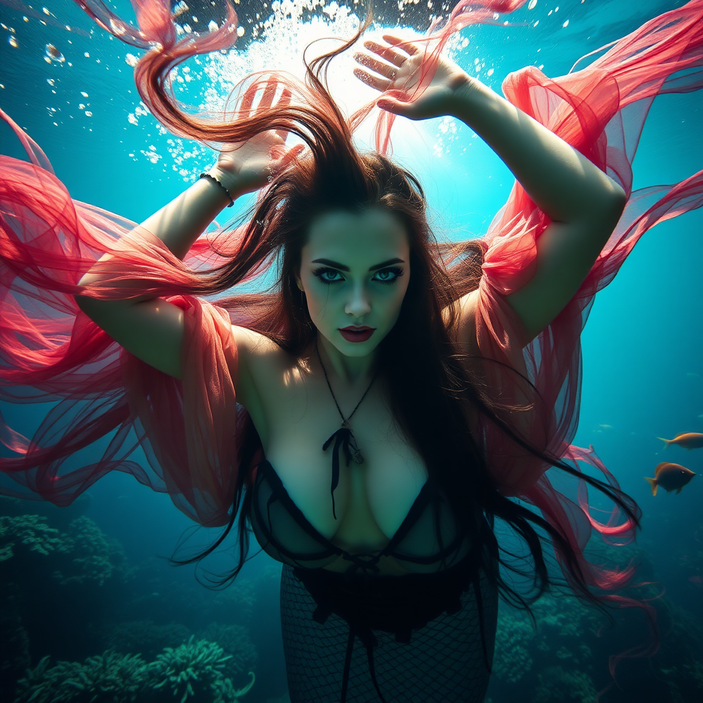 Vampirella as a mermaid underwater amazing loose flowing hair floating in a nimbus around her beautiful face her arms outstretched languidly over her head. she's looking down into the viewer's eyes making intense eye contact. loose fitting diaphanous. Burlesque. Stunning undersea life details plants and fish and other creatures of the sea. Amazing HD DSLR photographic output.