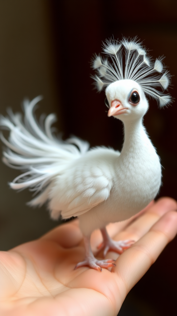 A small tiny cute chubby big eyes big perfect tail real white dancing peacock with tail on hand.