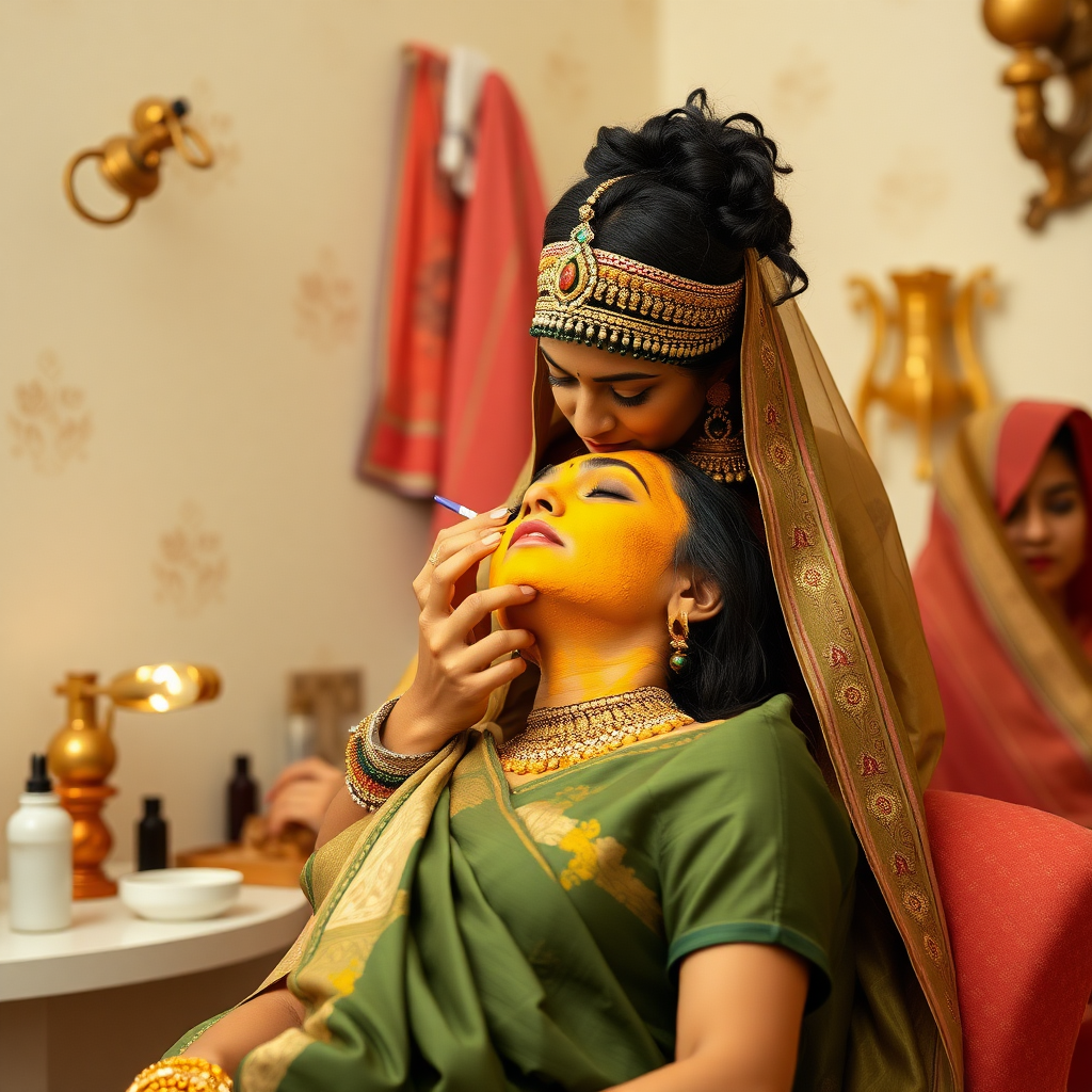 Cleopatra, working in a beauty parlour, giving turmeric facial to a rich, traditional Indian wife.