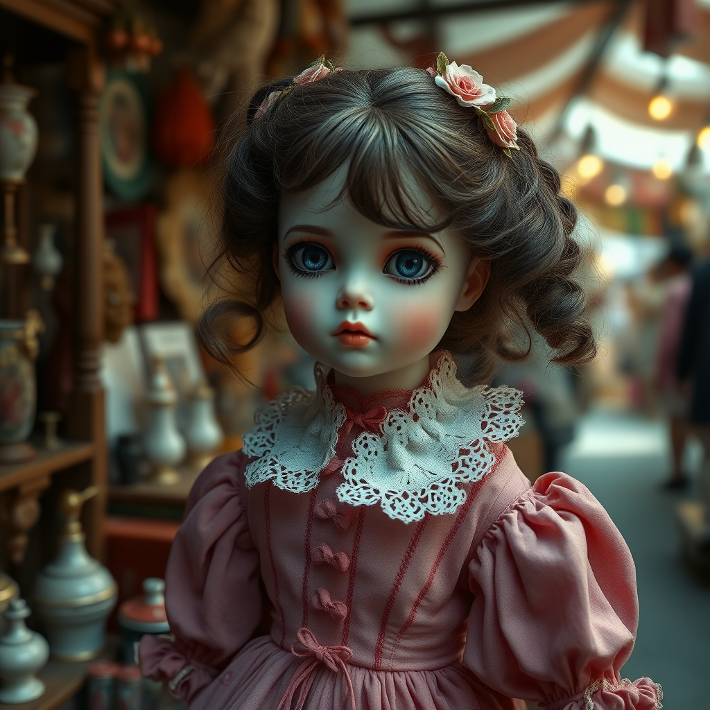 a young porcelain doll in flea market wearing a Victorian dress, artist doll, bjd, cinematic still, high quality photo, by victo ngai, by Masamune Shirow, by wadim kashin, by audery_kawasaki, by ismail inceoglu, by amy sol, outline, hyperrealism, by klimt, intricate environment, ultra-detailed cinematic shot, impressionistic, dynamic