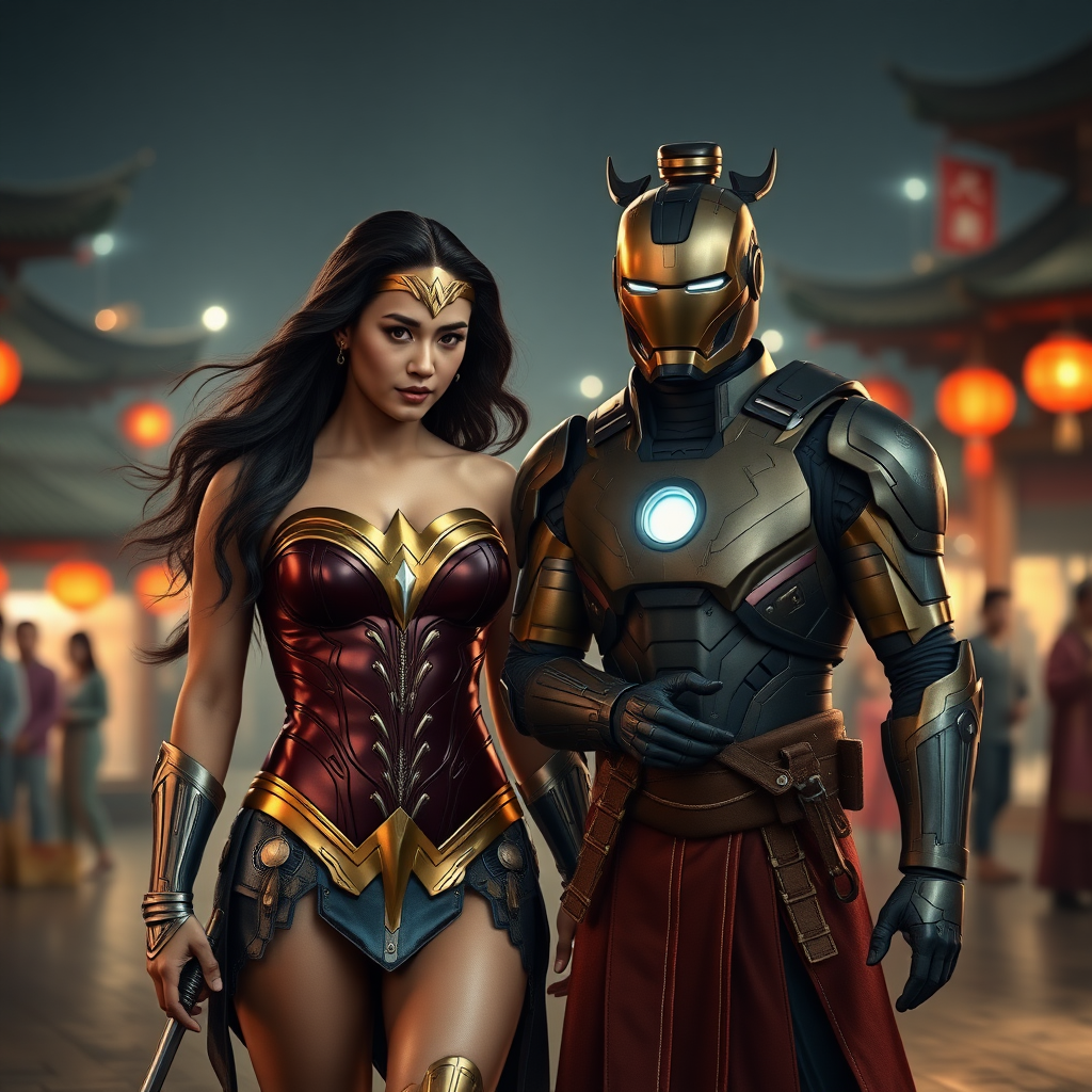 Wonder Woman in Hanfu and Sun Wukong in Iron Man gear are shopping. Cinematic Lighting, available light,