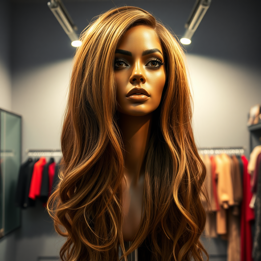 In a well lit, eccentric long hair fetish store, a strikingly unique and surreal display draws attention: the real live, flesh-and-blood disembodied head of a stunning woman reminiscent of Beyoncé, her long, flowing hair cascading like a silky waterfall around her neck. The luxurious strands shimmer with intricate highlights, ranging from deep ebony to sun-kissed gold, accentuating her perfectly sculpted features. Her captivating, dark eyes glisten with an enigmatic allure, expressing an uncanny mix of grace and mischief.

The background is a plain, muted gray, contrasting sharply with the vibrant beauty of the head and her extravagant hair, allowing viewers to fully focus on the astonishing sight.

The shop’s interior is designed to celebrate the beauty and allure of very long hair.