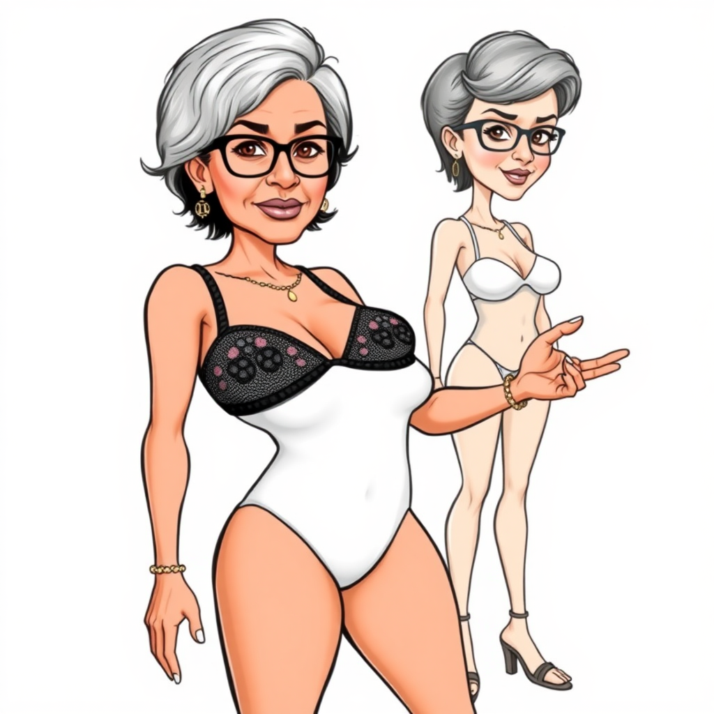 a towering 55 Years old, fit, slim, European, Latina, sharp aquiline nose, wrinkles, high cheekbones, Middle Eastern, Skinny, Tanned skin, Dark light skin, Rounded Medium breasts, Skinny thighs, full Makeup, jewelry, Serious face, Sharp nose, Ash hair, short bowl haircut, Brown eye color, Glasses, with detailed features. she is wearing embroidered black mesh balconette bras and a tight white high cut 1980s mesh cut out swimsuit, detailed fabric. full body, high heels sandals, she is gesturing at the viewer, sweating, long establishing shot, 2D, caricature, cartoon, Sketch lines, coloring book, nlack and white, coloring book style on white background, well composed, clean coloring book page, No dither, no gradient, strong outline, No fill, No solids, vector illustration, realistic proportions