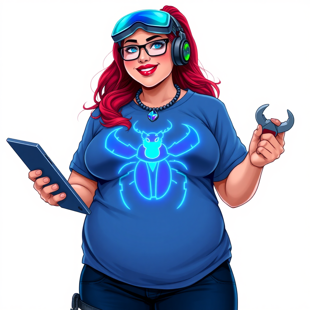 A cyberpunk vigilante’s full-figured intelligent and tech-savvy 29-year-old girlfriend, who is a computer hacker and tech genius. She has a long ruby red ponytail and bright blue eyes. She wears a sapphire beetle gemstone necklace, and an oversized Maximum Blue (RGB 71, 171, 204) t-shirt featuring a giant neon blue glowing icon of a beetle on its chest. She has a full-figured physique with a prominent, gargantuan, round midsection, reflecting her well-cared-for lifestyle. The midsection is heavily emphasized. She sports a sapphire headset with hi-tech Maximum Blue (RGB 71, 171, 204) lensed HUD visor, Maximum Blue (RGB 71, 171, 204) lipstick, black eyeglasses, and a beaming smile with a passionate bright red blush. Despite her figure and a lack of self-esteem, she radiates an air of beauty. She has an angular face which contributes to her radiant beauty. She serves as his tech expert from his hideout, holding a holographic tablet and a hi-tech tool wrench. The background is solid white. She is drawn as if she was in a retro 2D cyberpunk fighting game. Make sure her shirt covers her round midsection.