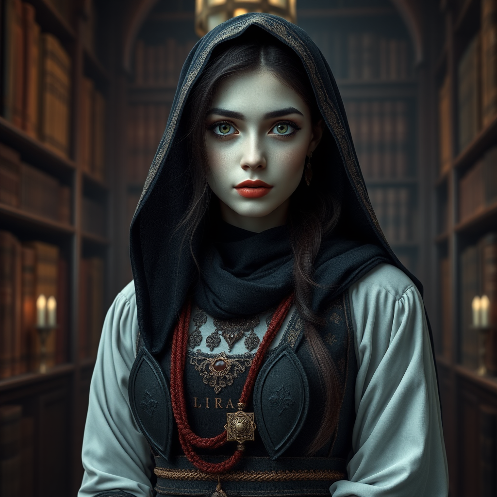 In the world of Vampire the Dark Ages, a beautiful and enchanting 17-year-old Muslim woman with Arabic features and a corpse-like complexion, dressed like a medieval Persian woman. The image should show the character from head to waist without revealing her hair or neck. The background should depict a medieval library. High definition, photorealistic, 16K.