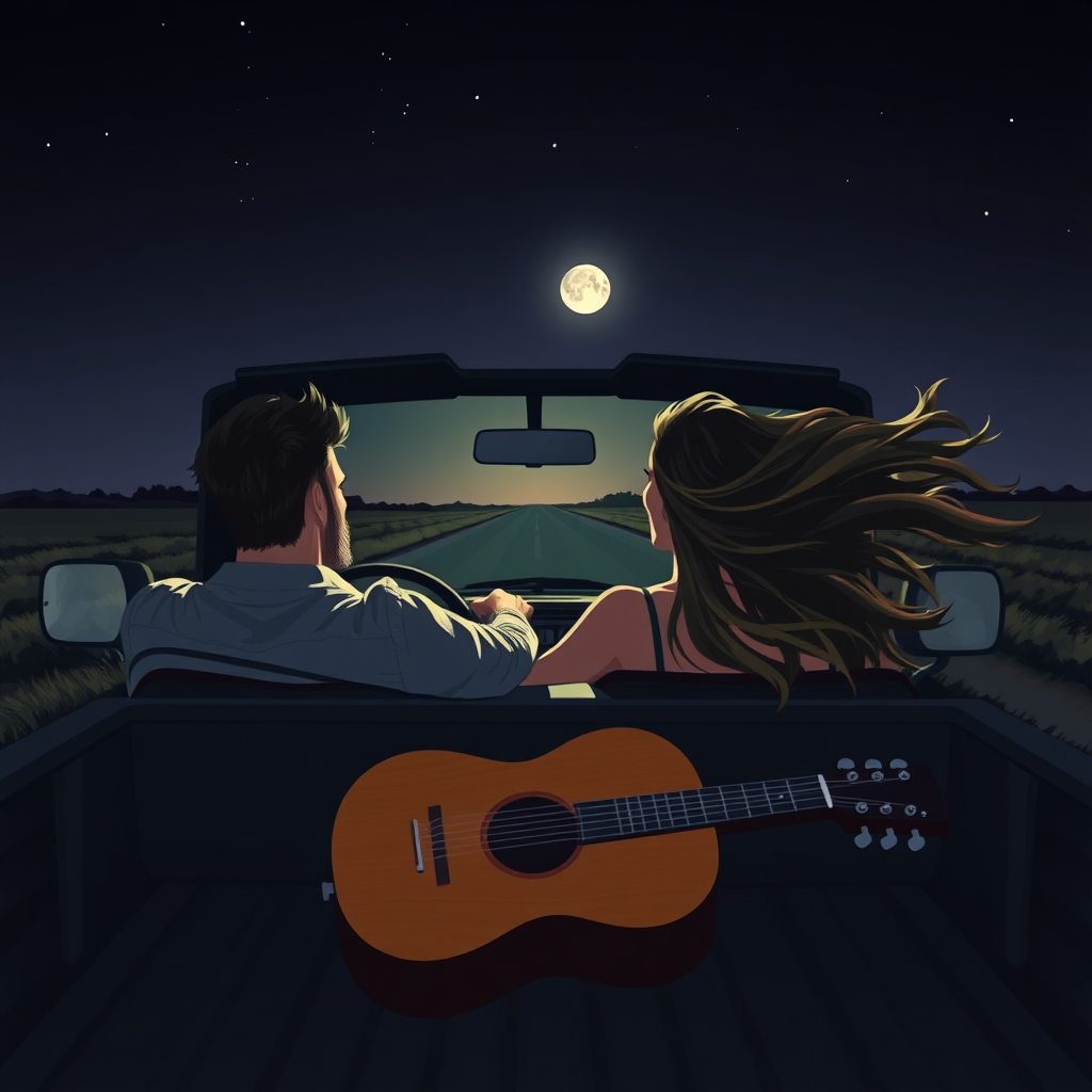 An image of a young couple driving down country roads in the middle of the night with the moon out and the stars above in their pickup truck with the top down. The guy is in the driver's seat. The woman in the passenger seat. There is a guitar in the flat bed. The woman's hair is blowing in the wind. The guy has his arm around the woman.