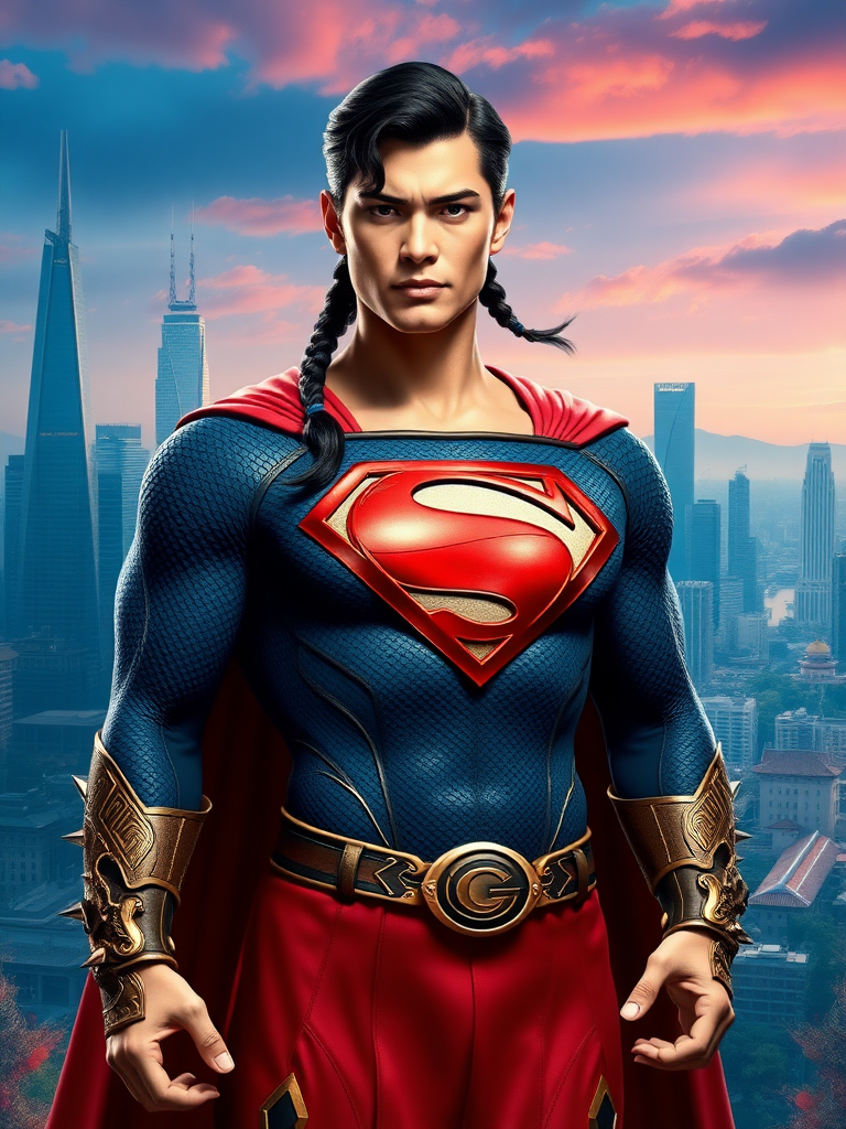 Generate a full-length image of Superman using Chun-Li's female figure for the body. Keep Superman's head, hairstyle, and facial features intact. Retain Superman's iconic costume, adding intricate embellishments from Chun-Li's traditional outfit such as her spiked bracelets, dragon patterns, and belt while altering the costume design to fit the new feminine proportions seamlessly. Create a vibrant background that merges the sleek, urban skyline of Metropolis with the traditional, scenic elements of a Chinese cityscape. Ensure the fusion of both character's themes is harmonious and visually compelling.