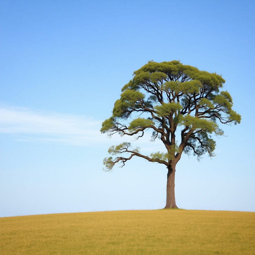 An oak tree standing alone in a grassy field