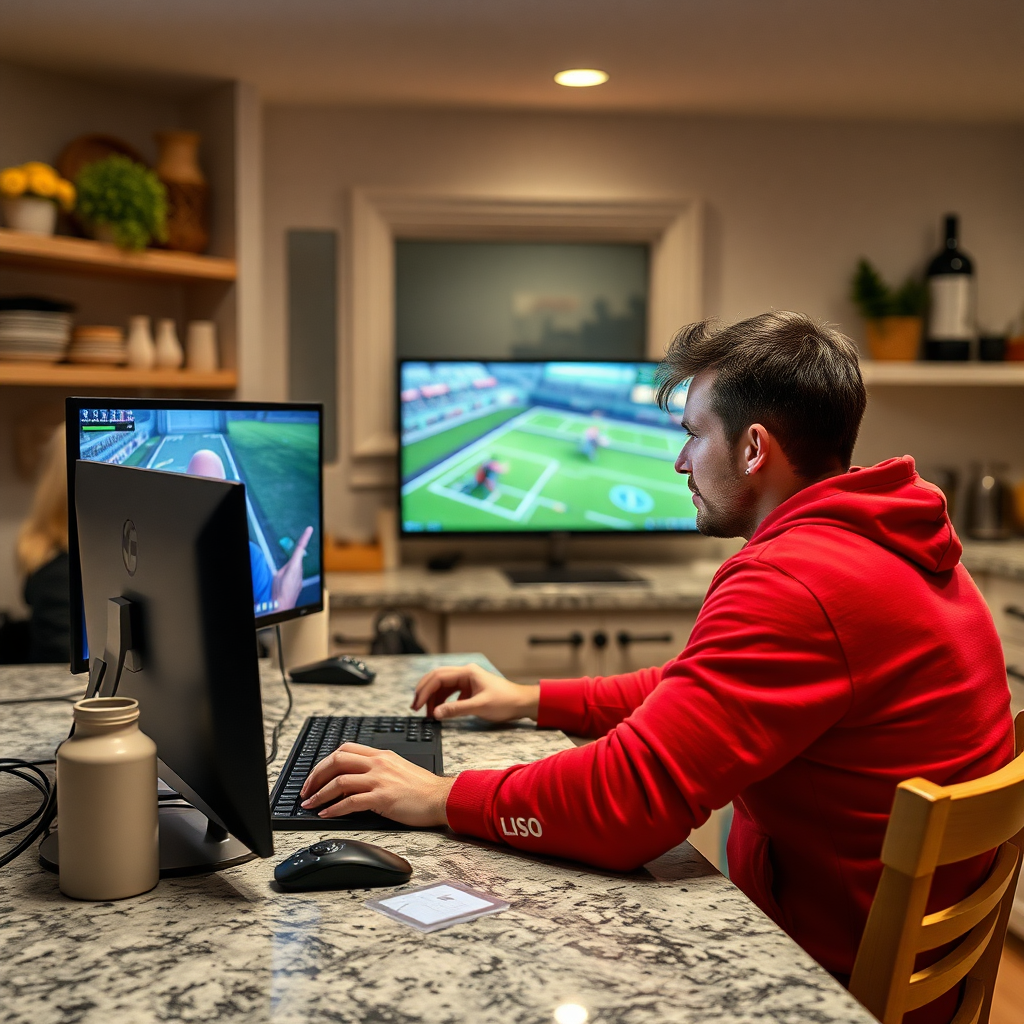 A guy is playing final fantasy 14 online in his kitchen.