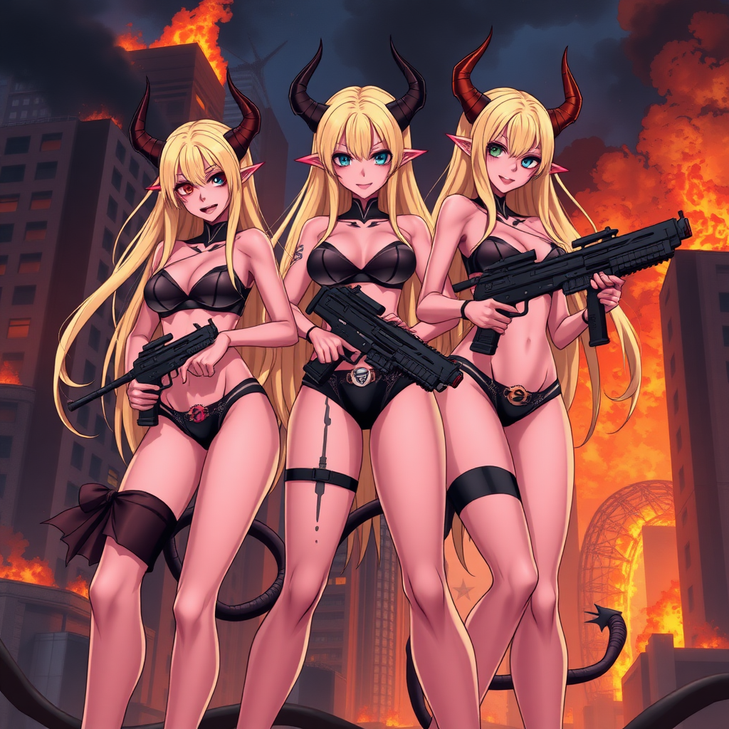 Anime, city burning background, 3 mischievous tall-slender demon girls, long blond hair, blue eyes, wearing sexy micro bikini-bra-like clothing, g-string, womb tattoo on belly, mischievous smile, large breasts, full body, long legs, looking at viewer, holding tech blaster guns.