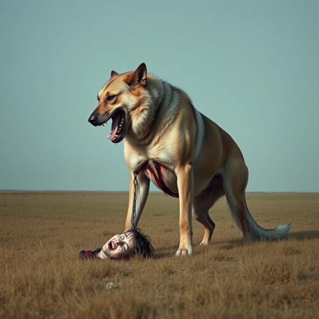 A massive giant-huge dog in a plain field eating and devouring a very small man with half-his torso ripped off in blood and his head decapitated the dog eats him in half