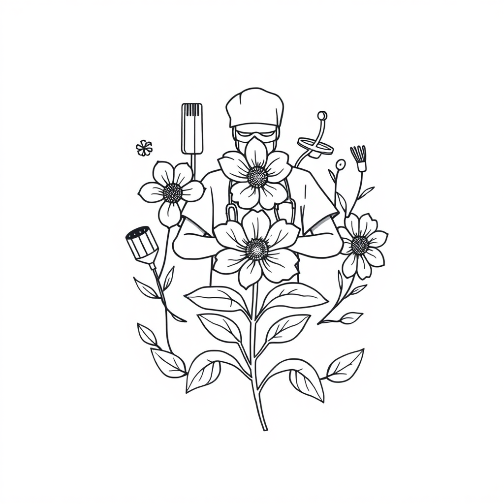 a black on white, line design depicting surgical and floral iconography