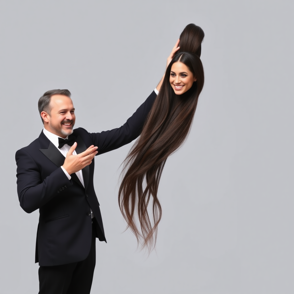 A surreal image of a smiling male magician standing to the side while holding up the disembodied head of a very long haired Meghan Markle by her hair to display it to the camera. He is grabbing her very long hair and pulling it up high in the air, while her head is hanging by her hair from his grasp. Plain gray background.