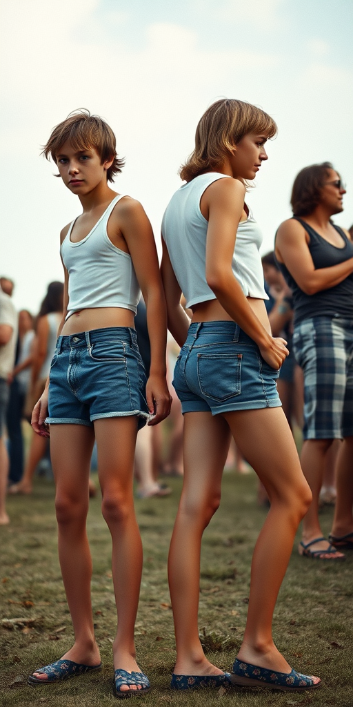 photorealistic, ultra high resolution, 16K, two skinny teen boys wearing crop thin tank top, denim tight booty shorts, long legs, bare thighs, long hairs bow cut. Full length side view. Vintage photo, Woodstock, 1960s.