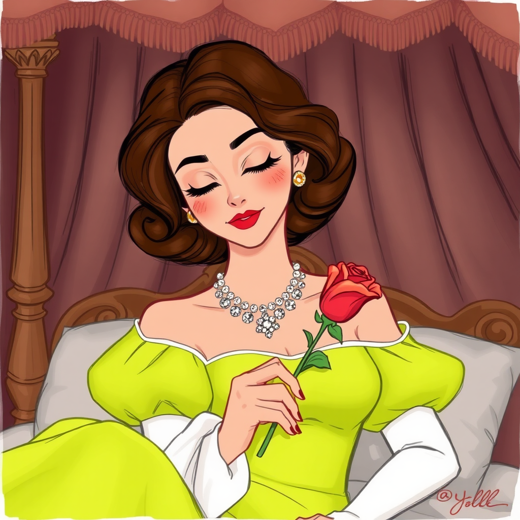 Sleeping beauty Disney sketch of an alluring, feminine 19-year-old Pakistani prince with short wavy brown hair in a bob with ringlets, rose lipstick, rose blush, long eyelashes, narrow face, wearing a lime green off-shoulder puff sleeve dress with a flowing skirt and white sleeves and a diamond festoon necklace. Sleeping in a bier in Bombay Castle, eyes closed holding a rose, the bedroom is covered by a large curtain in a palace room as the queen knows the curse has worked.