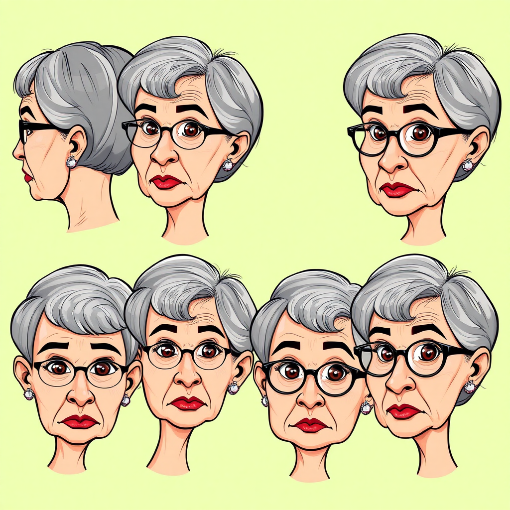 Photorealistic image of six headshots of a 50 Years old, European, Latina, sharp aquiline nose, wrinkles, high cheekbones, Middle Eastern, Skinny, Tanned skin, Dark light skin, full Makeup, jewelry, Sharp nose, frowning, exaggerated cartoon expression, astonished, shocked, dark grey Ash hair, short bowl haircut, Brown eye color, round Glasses, with detailed features. Each photo displays the same face in back, profile and front view, cut out and isolated on a green background. All six heads are visible side by side, empty space around each view, no overlapping. 2D, caricature, cartoon, Sketch lines, coloring book style, well composed, clean coloring book page, No dither, no gradient, strong outline, vector illustration