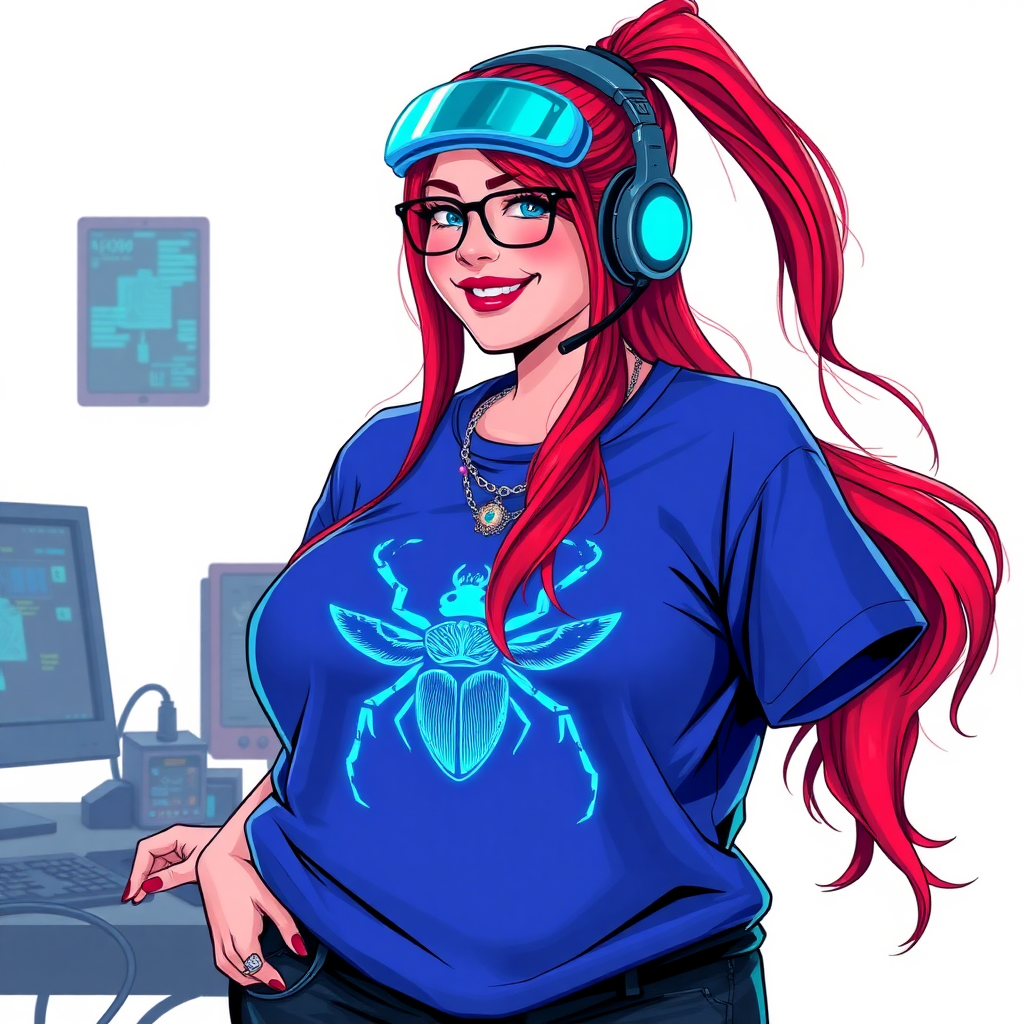 A cyberpunk vigilante’s full-figured intelligent and tech-savvy 29-year-old girlfriend, who is a computer hacker and tech genius. She has a long ruby red ponytail and bright blue eyes. She wears a sapphire beetle gemstone necklace, and an oversized maximum blue t-shirt featuring a giant neon blue glowing icon of a beetle on its chest. She has a full-figured physique with a prominent, gargantuan, round midsection, reflecting her well-cared-for lifestyle. The midsection is heavily emphasized. She sports a sapphire headset with hi-tech maximum turquoise lensed HUD visor, black eyeglasses, and a beaming smile with a passionate bright red blush. Despite her figure and a lack of self-esteem, she radiates an air of beauty. She has a slim face which contributes to her radiant beauty. She serves as his tech expert from his hideout, dutifully working at her workshop computer desk and tool bench. The background is solid white. She is drawn as if she was in a retro 2D cyberpunk fighting game. Make sure her shirt covers her round midsection.