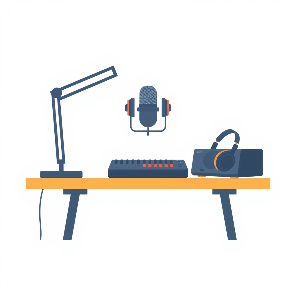 A minimalist, flat design illustration of a podcast setup. The image should include a microphone, headphones, and a sound mixer or audio interface on a simple desk or tabletop. The background should be a plain, neutral color like white, gray, or light blue. The overall style should be clean, modern, and visually appealing as a generic stock image for podcasting.