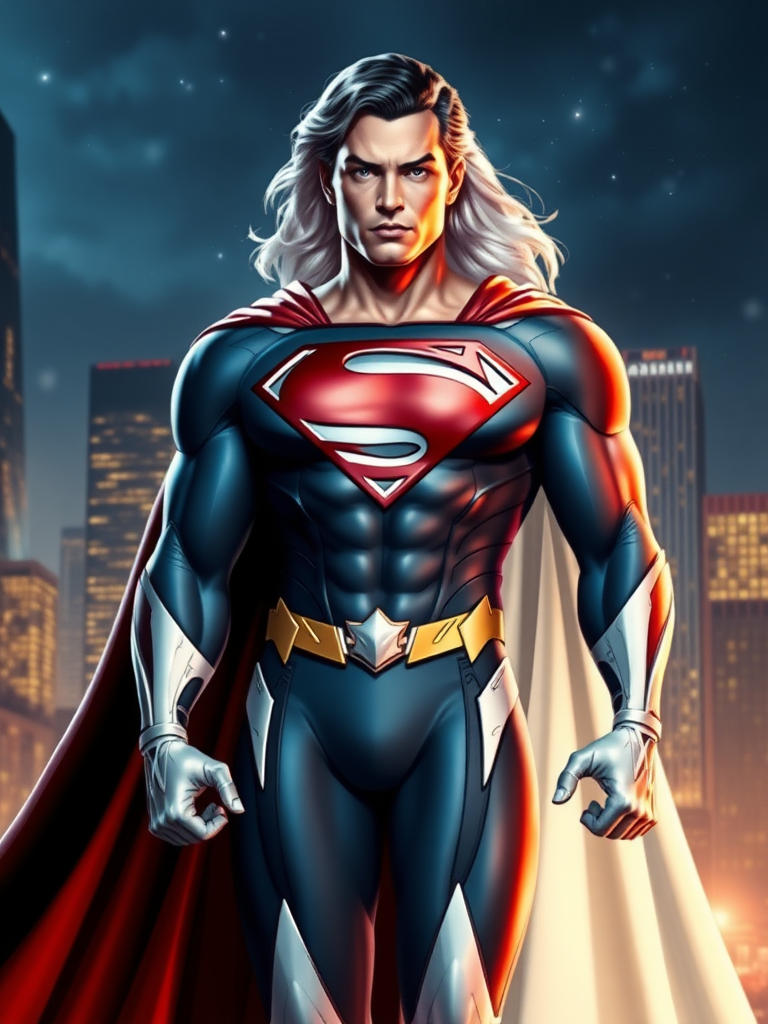 Create a full-length image of a character combining Superman's head with the body type of Emma Frost. Maintain Superman's facial features while transforming his physique to resemble Emma's. Integrate elements or embellishments from Emma Frost's costume, such as her signature white accents or styling, into Superman's outfit, ensuring a cohesive design. The background should reflect a suitable environment that blends elements of both characters' universes, such as a cityscape infused with a fantastical touch or a dramatic night sky. Focus on bringing out the unique attributes of both icons in this imaginative fusion.