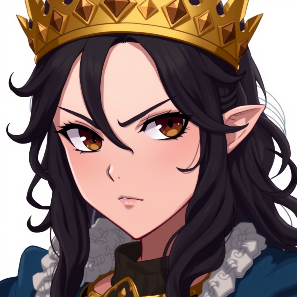 1girl, anime, highly detailed, fantasy, medieval, reluctant queen who has a scowl on her face, looking at the viewer. Her hair is wavy, black, and shoulder length. Her eyes are dark brown and have a confident and self-assured gaze to them. She is wearing a golden crown with gemstones.