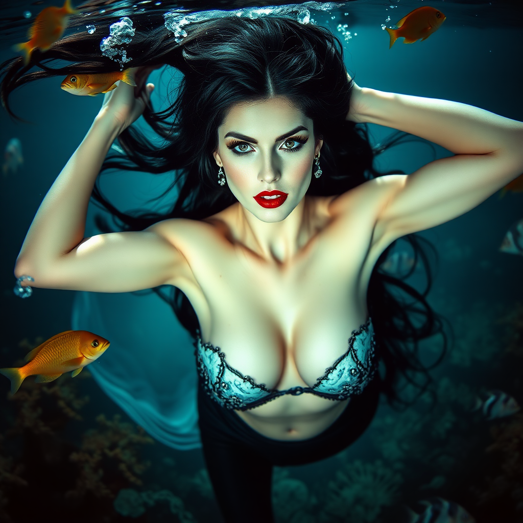 Vampirella as a fit and trim mermaid underwater amazing loose flowing hair floating in a nimbus around her beautiful face her arms outstretched languidly over her head. she's looking down into the viewer's eyes making intense eye contact. modesty protected by fish. Burlesque. Stunning undersea life details plants and fish and other creatures of the sea. Amazing HD DSLR photographic output.