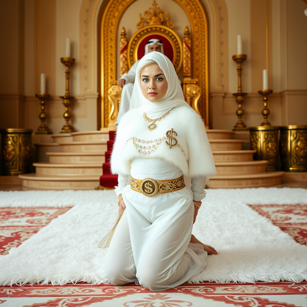 Kuwait desert palace throne room, throne raised on stair head, old overweight mighty sheik sitting on throne. In front of stairs, kneeling on white fluffy carpet: Melissa, European 17 years old very convincing femboy “trophy-bimbo”, tamed servile docile, rather short, by hormones very curvaceous womanly figured, platinum blond short tight curls, heavily made-up eyes, wearing Supertanya-style fluffy very fuzzy bright white angora turtleneck-poncho cropped ending under bust decorated with pearls and gemstones, striking oriental wide gold bridal protection belt, white fully transparent harem pants, full Oriental bridal jewelry, white sheer full Burka, coin anklets, striking diamond “$$$” letter brooch on left chest, pout frustrated, hands tied behind back, looking at camera. Full view, side perspective.