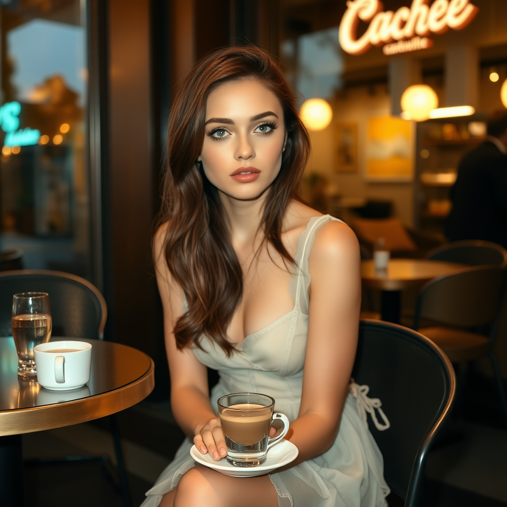 A young woman with brunette hair and pale blue eyes, wearing a translucent dress and lace-up high heels, is sitting in front of a café at a table. A cup of steaming coffee and a small glass of water are on the table. It's late evening. Photo.