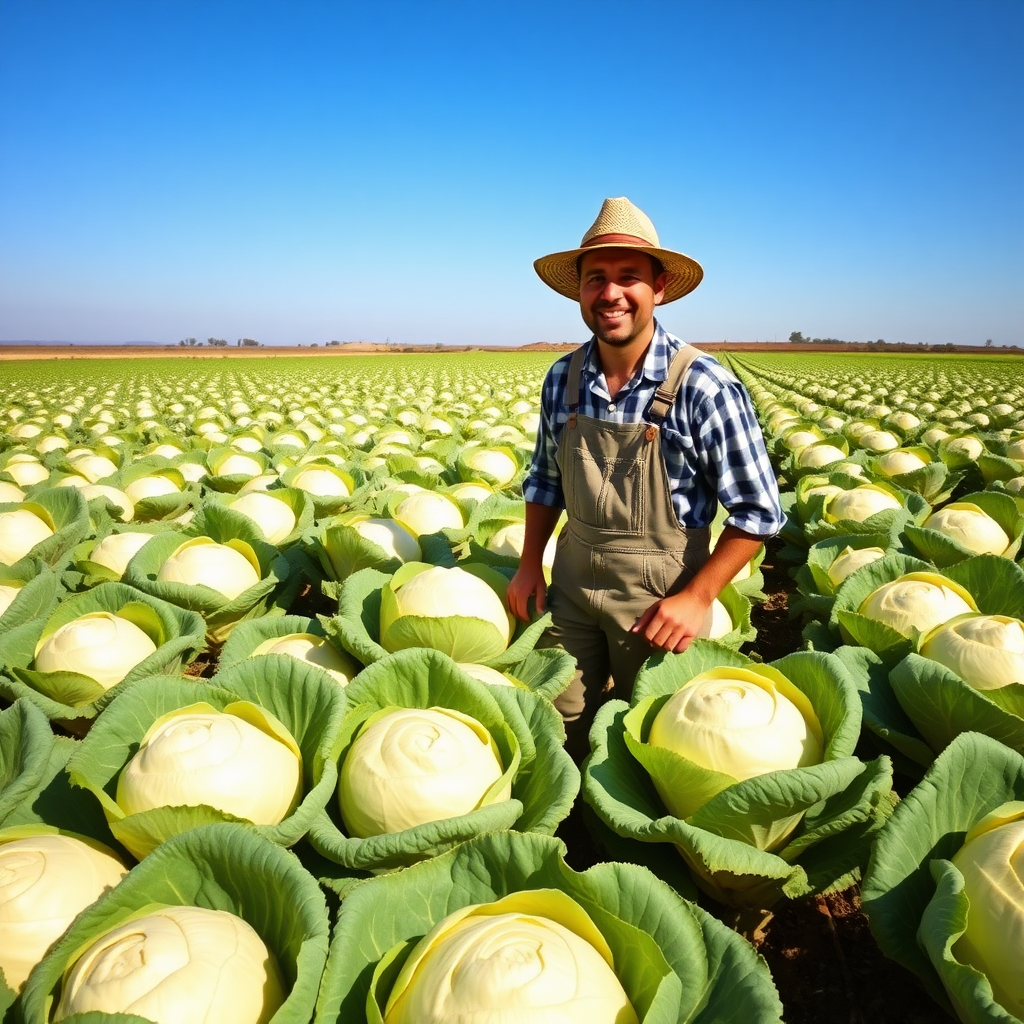 A happy farmer is joyfully working on his lush cabbage plantation in a vast field of white cabbages. The healthy, large cabbage heads stretch across the landscape, filling the foreground and background. The farmer, wearing a straw hat, overalls, and boots, smiles contentedly as he tends to his crops under a bright blue sky. The sun illuminates the scene, casting warm, soft shadows, and highlighting the vibrant green leaves of the cabbage. The whole image reflects happiness, prosperity, and the farmer’s pride in his abundant harvest. The image is 8x12 centimeters in landscape orientation, ensuring a wide, expansive view of the cabbage field.