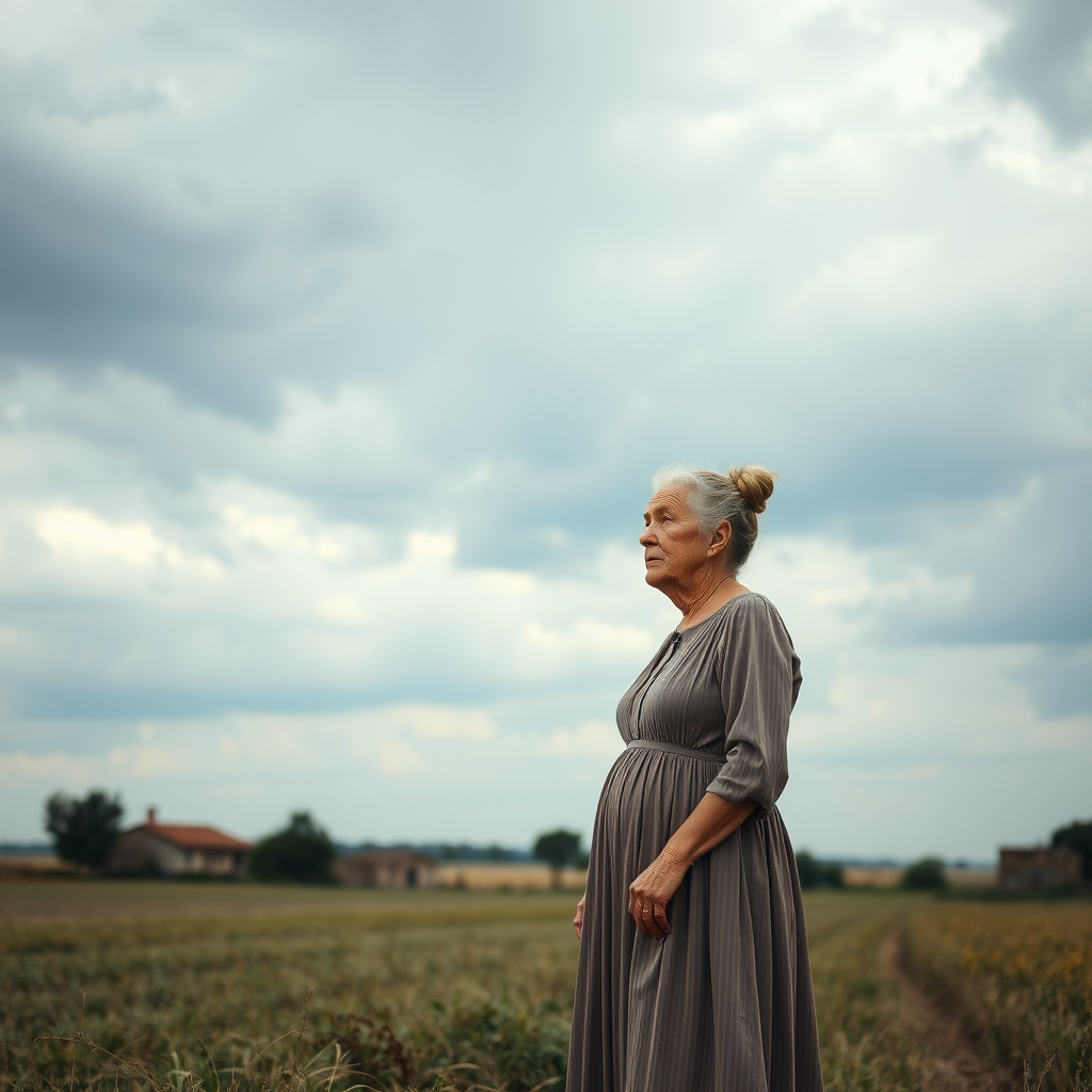 Very cloudy sky with an elderly woman worried in a long dress in the Venetian countryside, hair tied up,