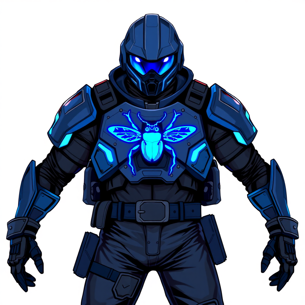 A 28-year-old cyberpunk vigilante stands heroically, clad in hi-tech, maximum blue tactical armor featuring a neon blue beetle on the chest. He wears black biker pants, a black belt with a sapphire beetle buckle, and a helmet resembling a sleek, tactical design, but colored maximum blue with neon blue lenses. Their hands are protected by black hi-tech gloves, all set against a solid white background. He is drawn as if he was in a retro 2D cyberpunk fighting game.