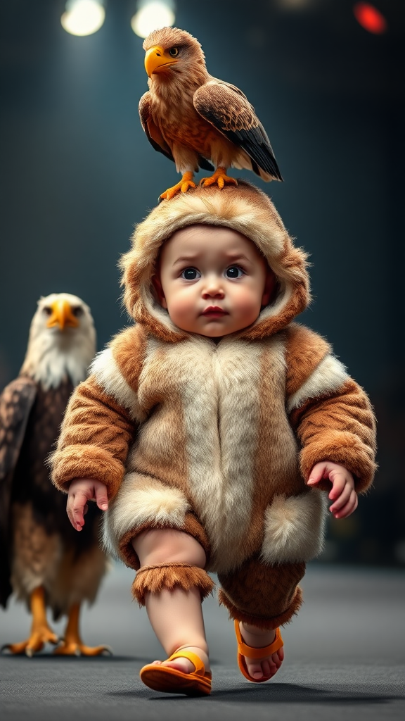 A cute small chubby fair baby with big eyes, pink lips, and pink cheeks, wearing a furry cozy eagle costume, doing a ramp walk in a fashion show while walking alongside a real eagle, with a cinematic eagle sitting on the baby's head.