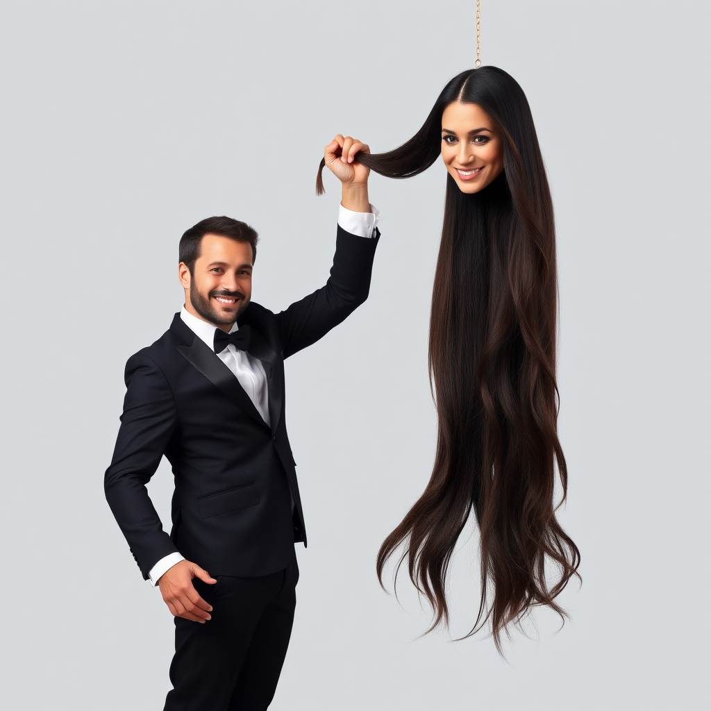 A surreal image of a smiling male magician standing to the side while holding up the disembodied head of a very long haired Meghan Markle by her hair to display it to the camera. He is grabbing her very long hair and pulling it up high in the air, while her head is hanging by her hair from his grasp. Plain gray background.