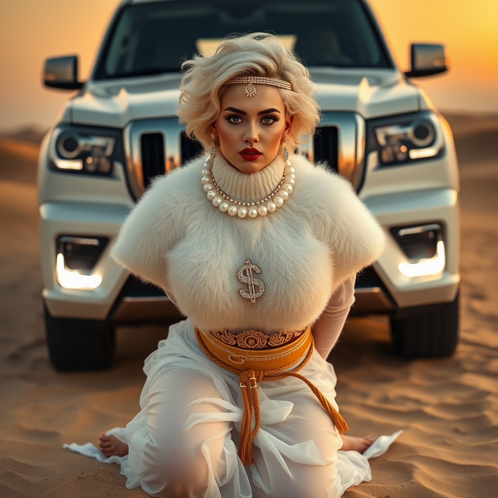 Kuwait desert dunes misty dawn, full size luxury SUV: Melissa, European 17 years old very convincing femboy “trophy-bimbo”, tamed servile docile, very beautiful feminine flawless face, rather short, by hormones very curvaceous womanly figured, platinum blond short tight curls, bold red lips, heavily made-up face, wearing Supertanya-style fluffy very fuzzy bright white angora turtleneck-poncho cropped ending under bust decorated with pearls and gemstones, striking oriental wide gold bridal protection belt, white fully transparent harem pants, full Oriental bridal jewelry including headpiece, nose-ring, coin anklets, striking diamond “$$$” letter brooch on left chest, pout frustrated, hands tied behind back, kneeling in sand in front of SUV, looking at camera. Focus on face and turtleneck-poncho.