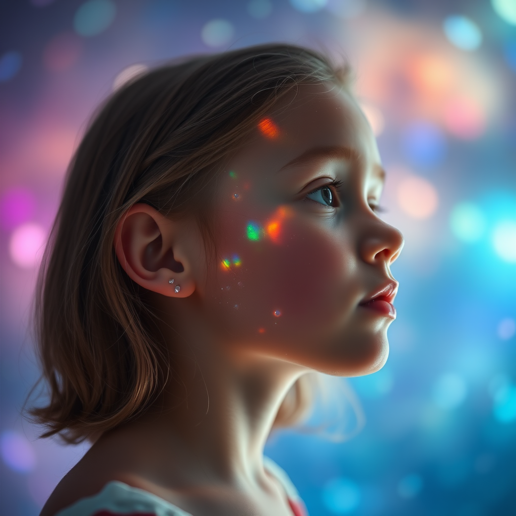 young preteen girl in profile, dreamscape, nebula, Bokeh, abstract, brilliant colors, glittering, translucent, mother of pearl, opal, iridescent, natural skin, glowing, artistic photo, wide angle, cute, interesting, microscopy, underwater, airy, original, experimental