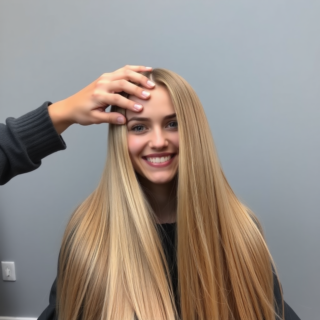 POV, beautiful very long haired blonde woman sitting in a hair salon smiling at the camera while I reach out from behind the camera to massage her scalp. My fingers are digging into her hair rubbing her scalp while her hair is covering my hands. Plain gray background.