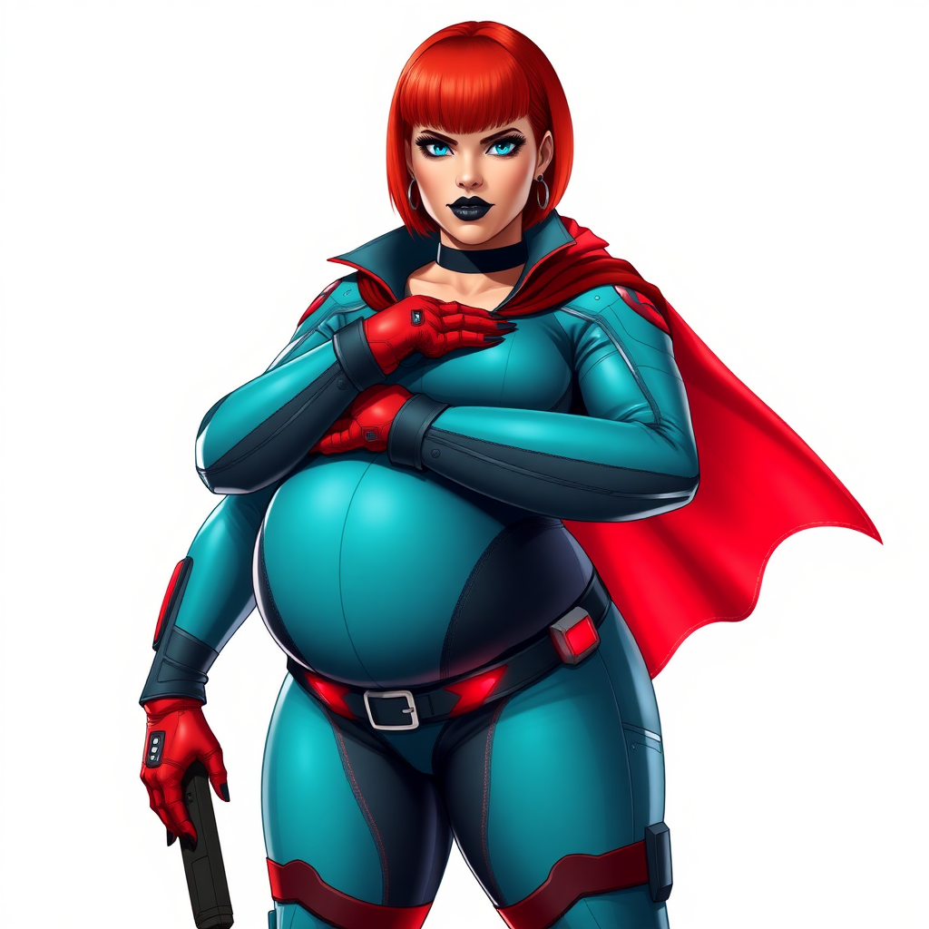 A 26-year-old, heavily-pampered, full-figured, mystical vigilante detective ally of her cyberpunk vigilante older brother figure with a bright red bob cut, black lipstick, and piercing bright blue eyes. She has a new non-athletic build, now highlighted by a prominent, round, gargantuan midsection (with the full emphasis on her gargantuan belly), which shows the aftermath of her pampering. Despite her new physique, she displays her usual confidence. She wears a large, high-tech, tight-fitting, maximum turquoise biker suit (accentuating her gargantuan belly), complemented by a glowing neon red cape and high-tech red gloves. Her stance is firm and resolute, arms crossed, exuding a no-nonsense attitude. Her costume reflects the influence of DC New 52 Prime Earth’s Phantom Lady, Jennifer Knight, while her pose embodies the moral ambiguity and determination reminiscent of DC’s Pax Americana’s The Question. She is on a solid white background. She is drawn as if she was in a retro 2D cyberpunk fighting game. She is clearly non-athletic, with a focus on her full-figured physique. Her belly is fully bloated to emphasize her non-athletic figure. Make sure that her biker suit covers all of her bare skin (especially her gargantuan midsection).