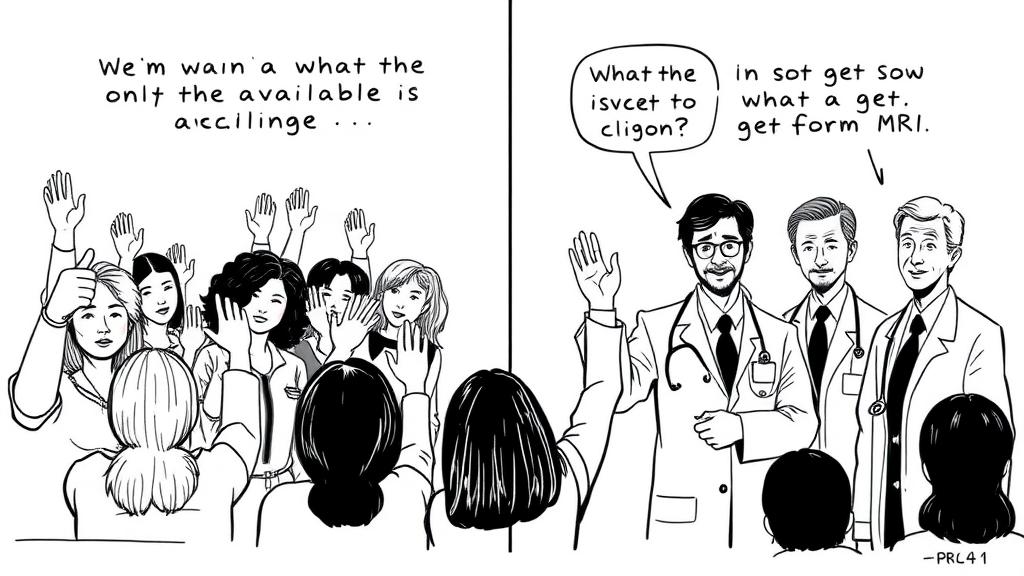 Create a comic image with two groups, on the left there are 10 women aged 40 to 70 years old with different hairstyles raising one hand because they want the only spot that is available at the clinic to perform MRI, on the right side, a few doctors (both male and female) are stressed about deciding who will get the spot. The style is a minimalist drawing with only black ink. Pay special attention to the hands.