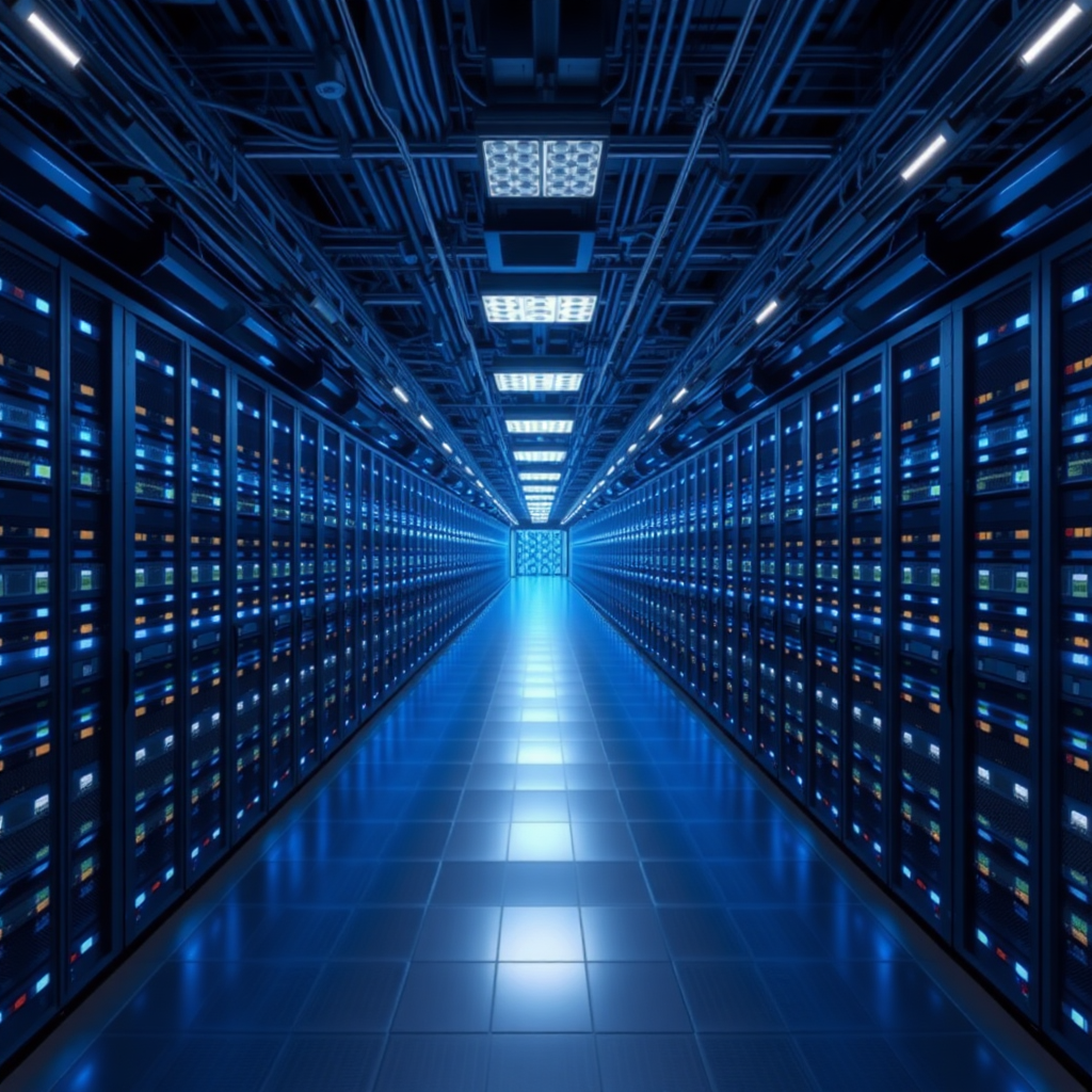 A vast, sprawling data center stretching to the horizon, rows of server racks extending infinitely towards a distant vanishing point. The image should have a sense of depth and perspective, with intricate details visible in the foreground that gradually become smaller and more indistinct as they recede into the distance. Cool blue and white LED lights illuminate the servers, creating a mesmerizing pattern that seems to go on forever. The ceiling is high and filled with cables and cooling systems that also appear to extend endlessly. The overall effect should be one of awe-inspiring scale and technological complexity.